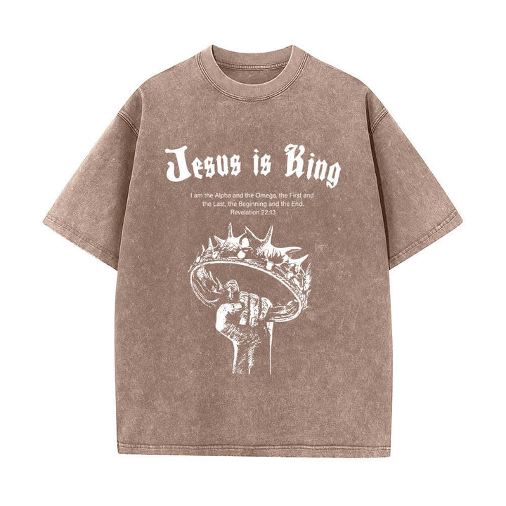 T-shirt délavé Christianartworkshop imprimé recto-verso « Jésus est roi » avec la couronne d'épines et verset biblique - Brun - 5XL - image 1