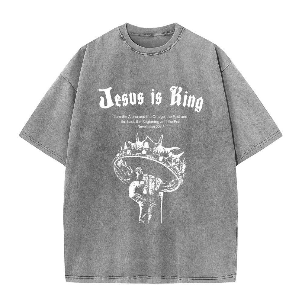 T-shirt délavé Christianartworkshop imprimé recto-verso « Jésus est roi » avec la couronne d'épines et verset biblique - Gris - 5XL - image 2