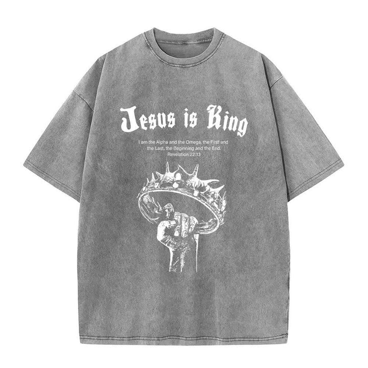 T-shirt délavé Christianartworkshop imprimé recto-verso « Jésus est roi » avec la couronne d'épines et verset biblique - Gris - 5XL - image 2