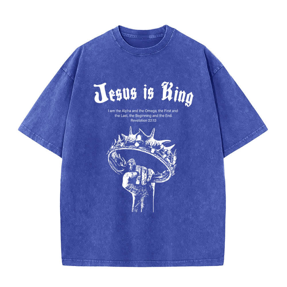 T-shirt délavé Christianartworkshop imprimé recto-verso « Jésus est roi » avec la couronne d'épines et verset biblique - Bleu - 5XL - image 0