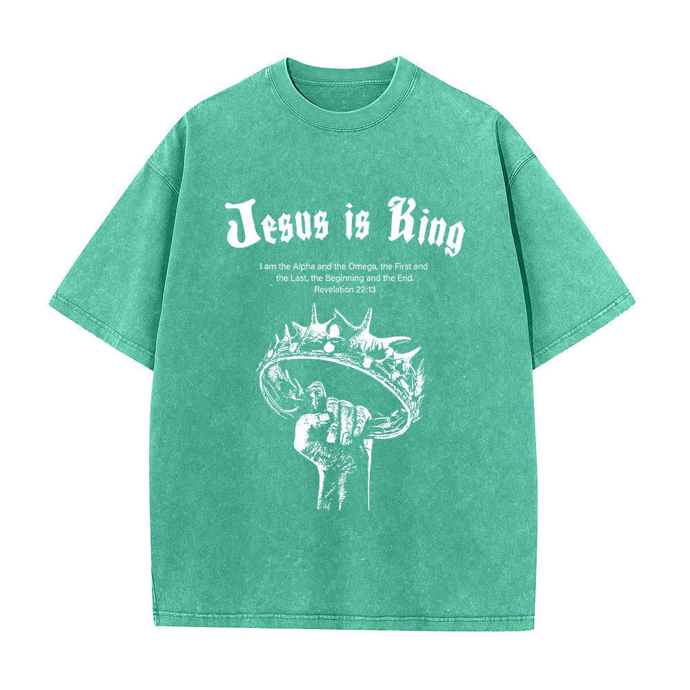 T-shirt délavé Christianartworkshop imprimé recto-verso « Jésus est roi » avec la couronne d'épines et verset biblique - Vert - 5XL - image 3