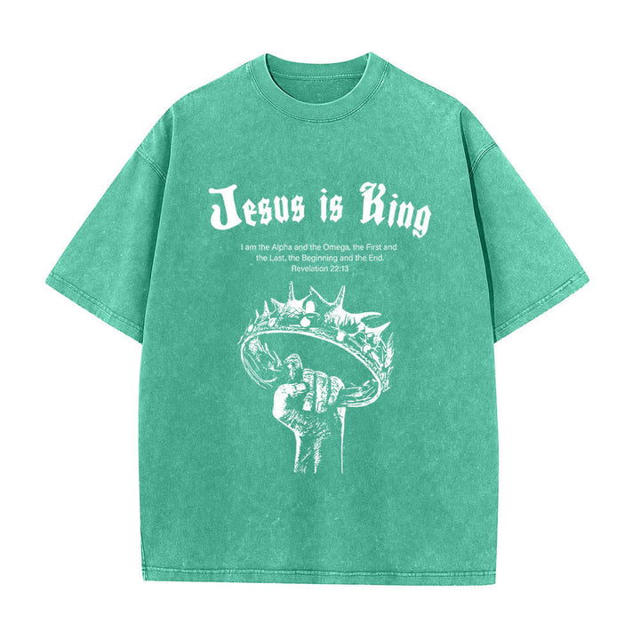 T-shirt délavé Christianartworkshop imprimé recto-verso « Jésus est roi » avec la couronne d'épines et verset biblique - Vert - 5XL - image 3