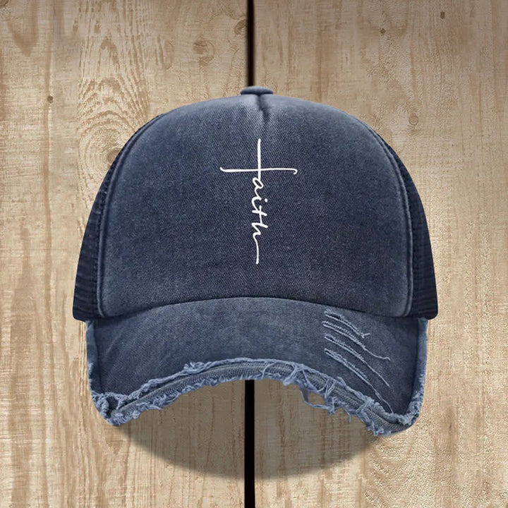Christianartworkshop Chapeau à imprimé croix de la foi vieillie en lettres cursives - Bleu marine - image 6