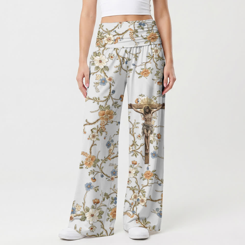 Christianartworkshop Pantalon large pour femme, taille haute élastique repliable, motif crucifix Jésus vintage, fleurs et vigne, style décontracté et religieux - image 1