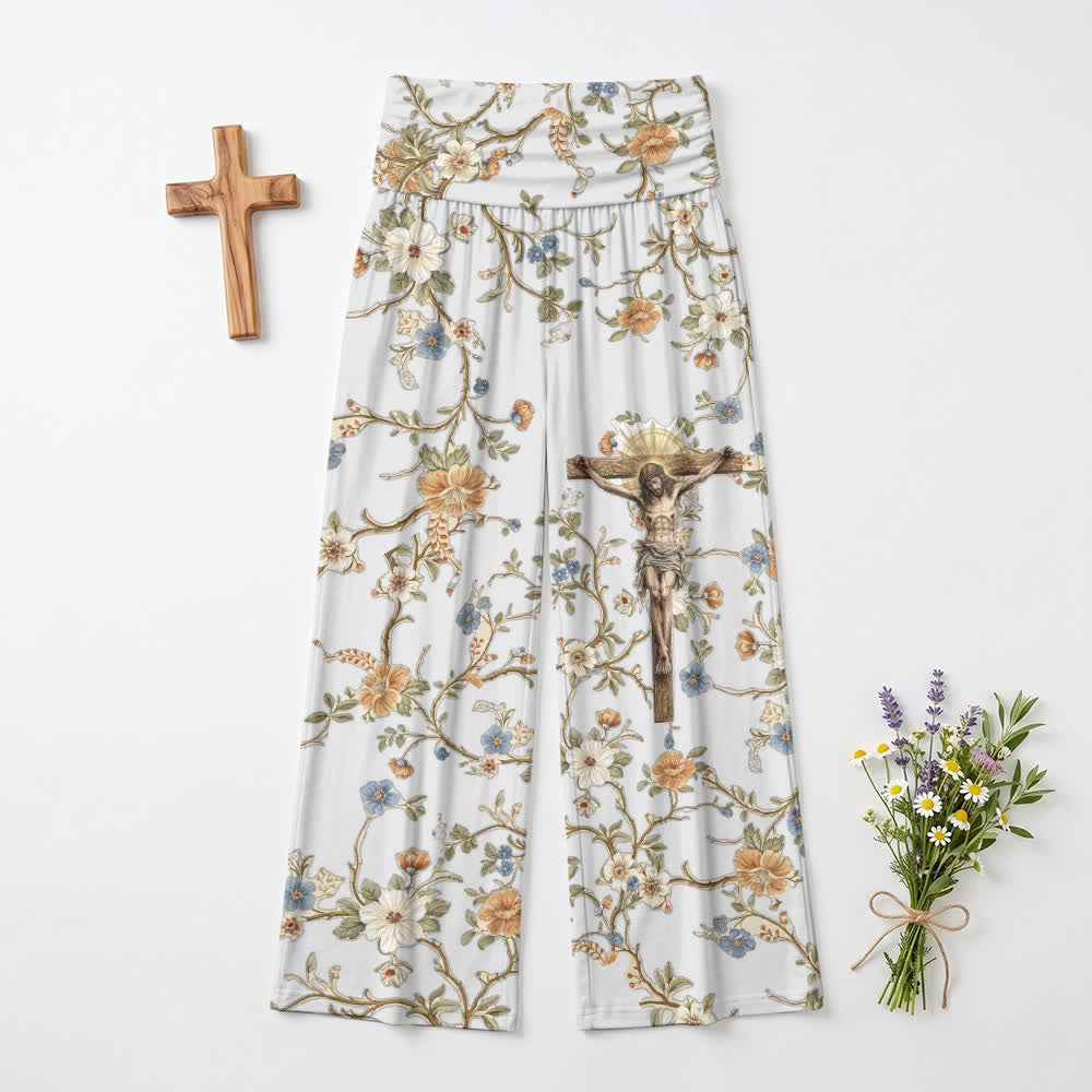 Christianartworkshop Pantalon large pour femme, taille haute élastique repliable, motif crucifix Jésus vintage, fleurs et vigne, style décontracté et religieux - US22, UK/AU26, EU54 (6XL) - image 0