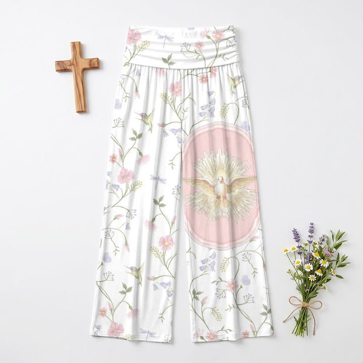 Christianartworkshop Pantalon large pour femme, taille haute élastique, motif colombe, colibri et vigne, style décontracté. - US22, UK/AU26, EU54 (6XL) - image 0