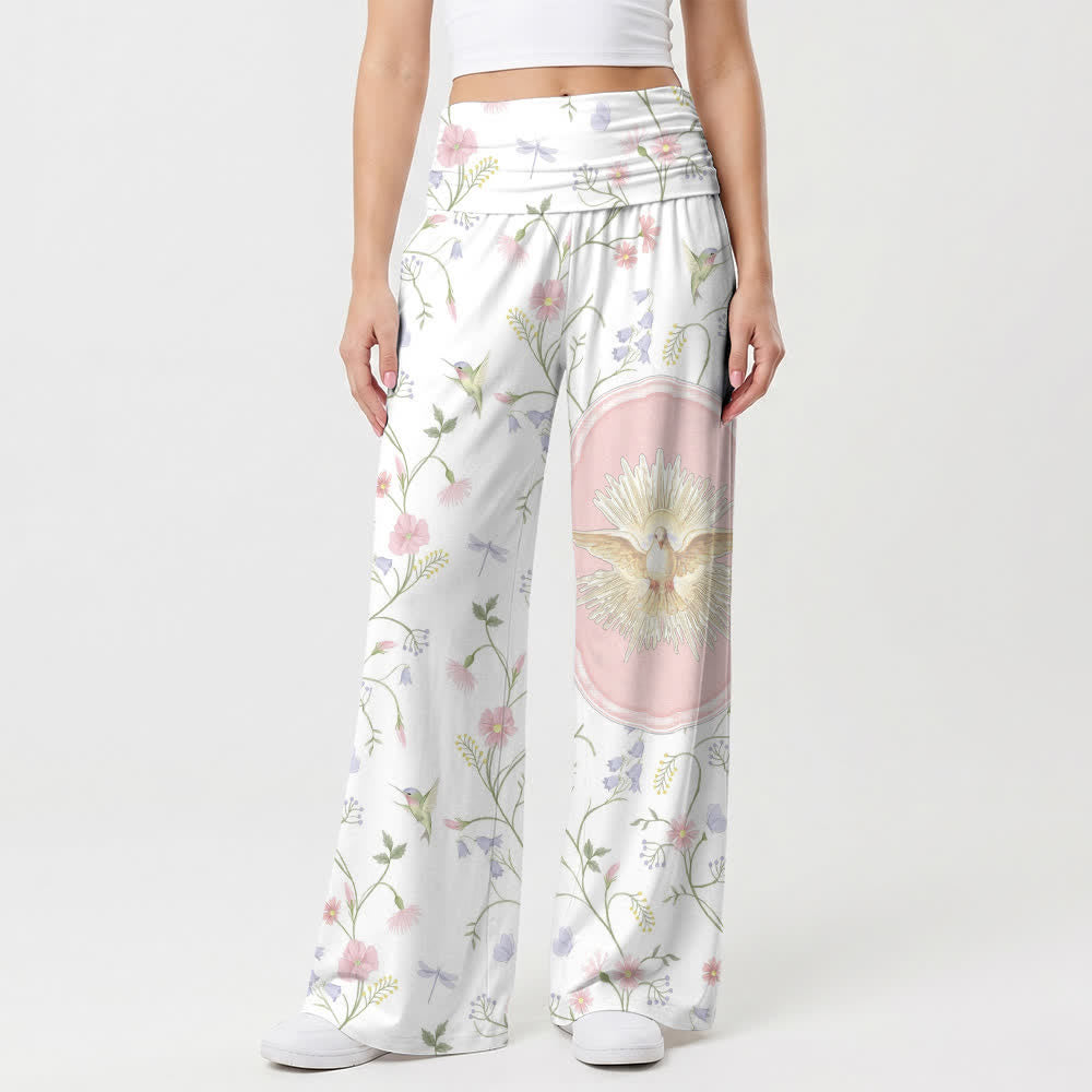 Christianartworkshop Pantalon large pour femme, taille haute élastique, motif colombe, colibri et vigne, style décontracté. - image 1