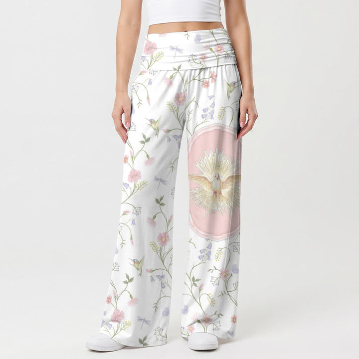 Christianartworkshop Pantalon large pour femme, taille haute élastique, motif colombe, colibri et vigne, style décontracté. - image 1