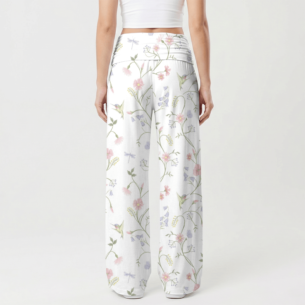 Christianartworkshop Pantalon large pour femme, taille haute élastique, motif colombe, colibri et vigne, style décontracté. - image 2