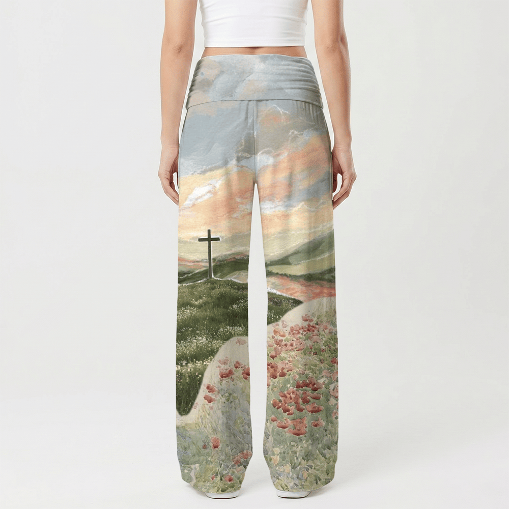 Christianartworkshop Peinture à l'huile Pastoral Hill Cross Sunset Poppy Oil Art, pantalon large pour femme Casual Faith - image 2