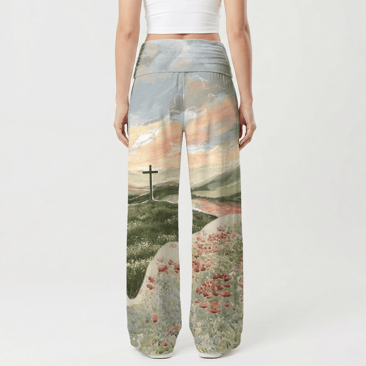 Christianartworkshop Peinture à l'huile Pastoral Hill Cross Sunset Poppy Oil Art, pantalon large pour femme Casual Faith - image 2