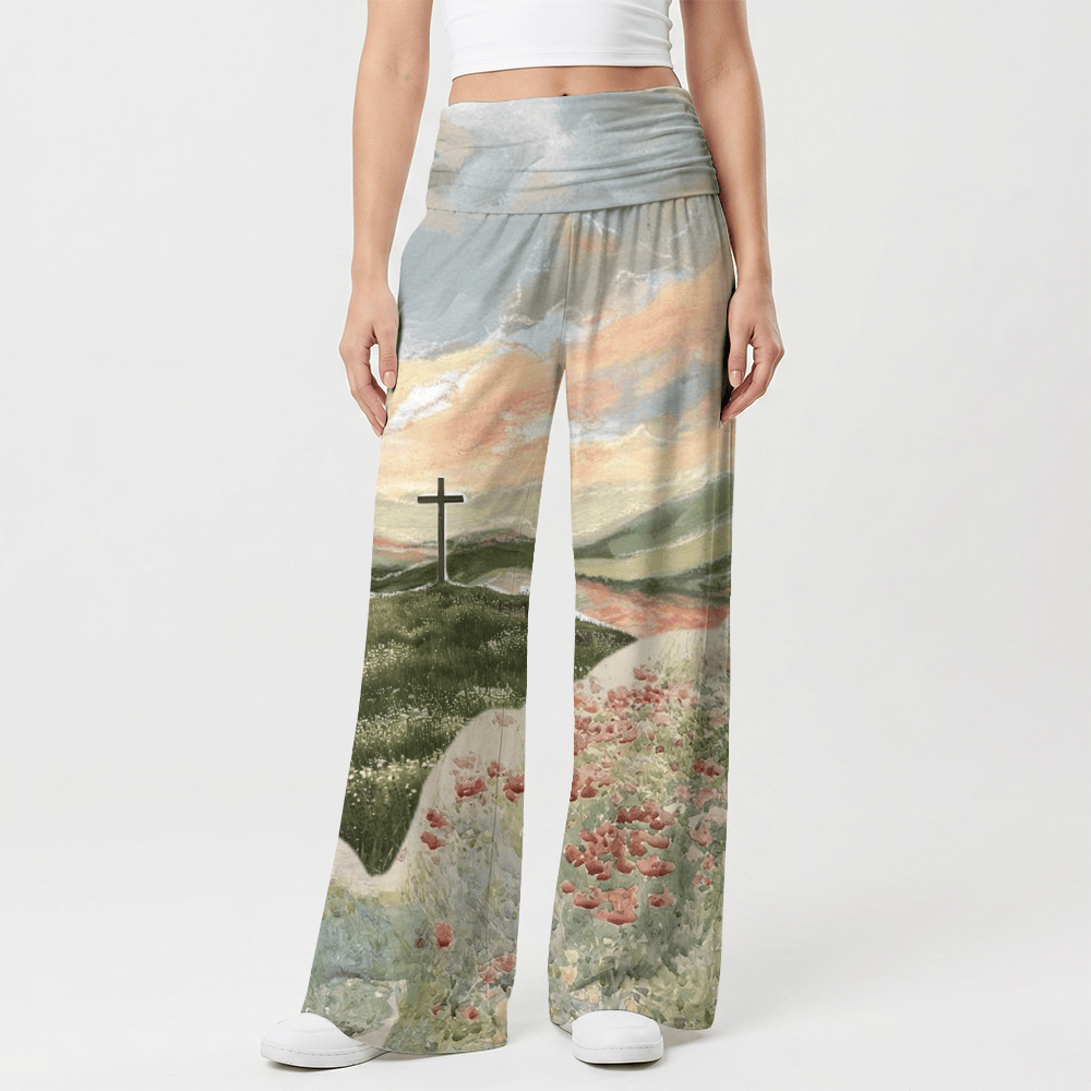Christianartworkshop Peinture à l'huile Pastoral Hill Cross Sunset Poppy Oil Art, pantalon large pour femme Casual Faith - image 1