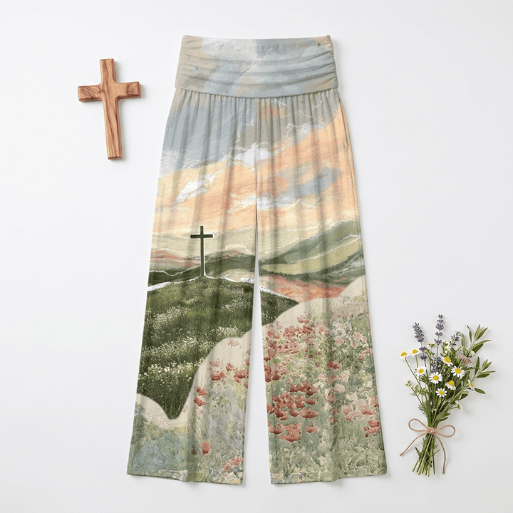 Christianartworkshop Peinture à l'huile Pastoral Hill Cross Sunset Poppy Oil Art, pantalon large pour femme Casual Faith - US22, UK/AU26, EU54 (6XL) - image 0