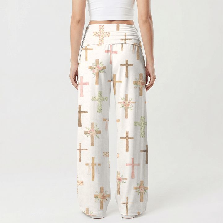 Christianartworkshop Pantalon large pour femme, imprimé floral aquarelle et croix, style décontracté. - image 2