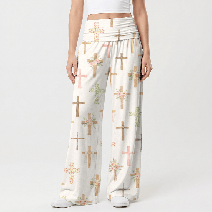 Christianartworkshop Pantalon large pour femme, imprimé floral aquarelle et croix, style décontracté. - image 1
