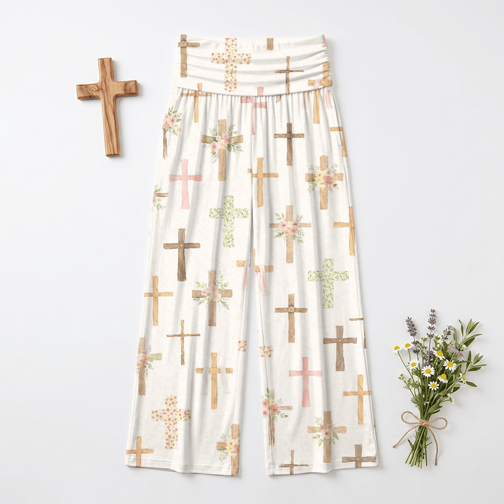 Christianartworkshop Pantalon large pour femme, imprimé floral aquarelle et croix, style décontracté. - US22, UK/AU26, EU54 (6XL) - image 0
