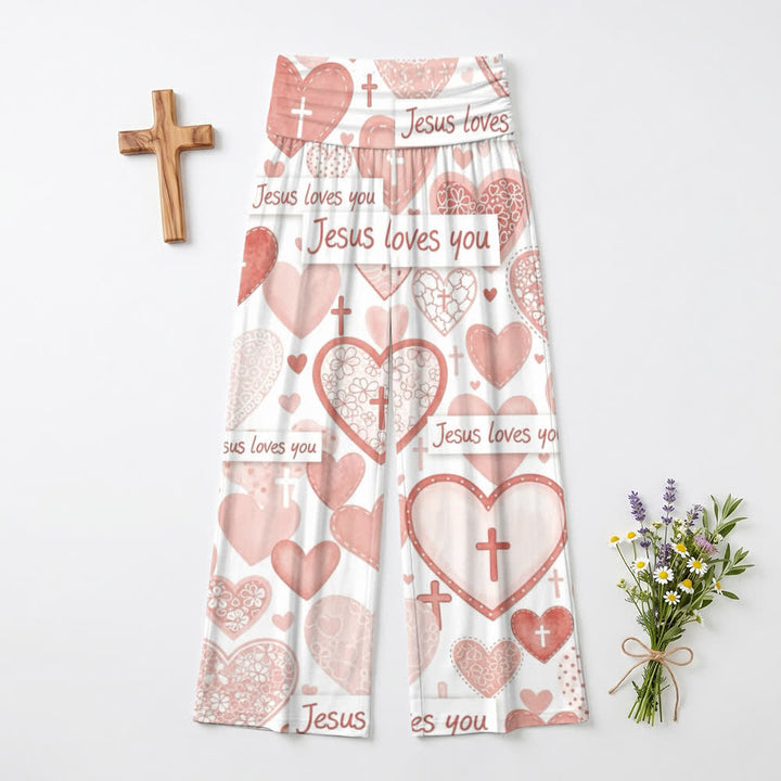 Christianartworkshop Pantalon large femme décontracté avec croix en forme de cœur rose et inscription « Jésus t’aime ». - US22, UK/AU26, EU54 (6XL) - image 0