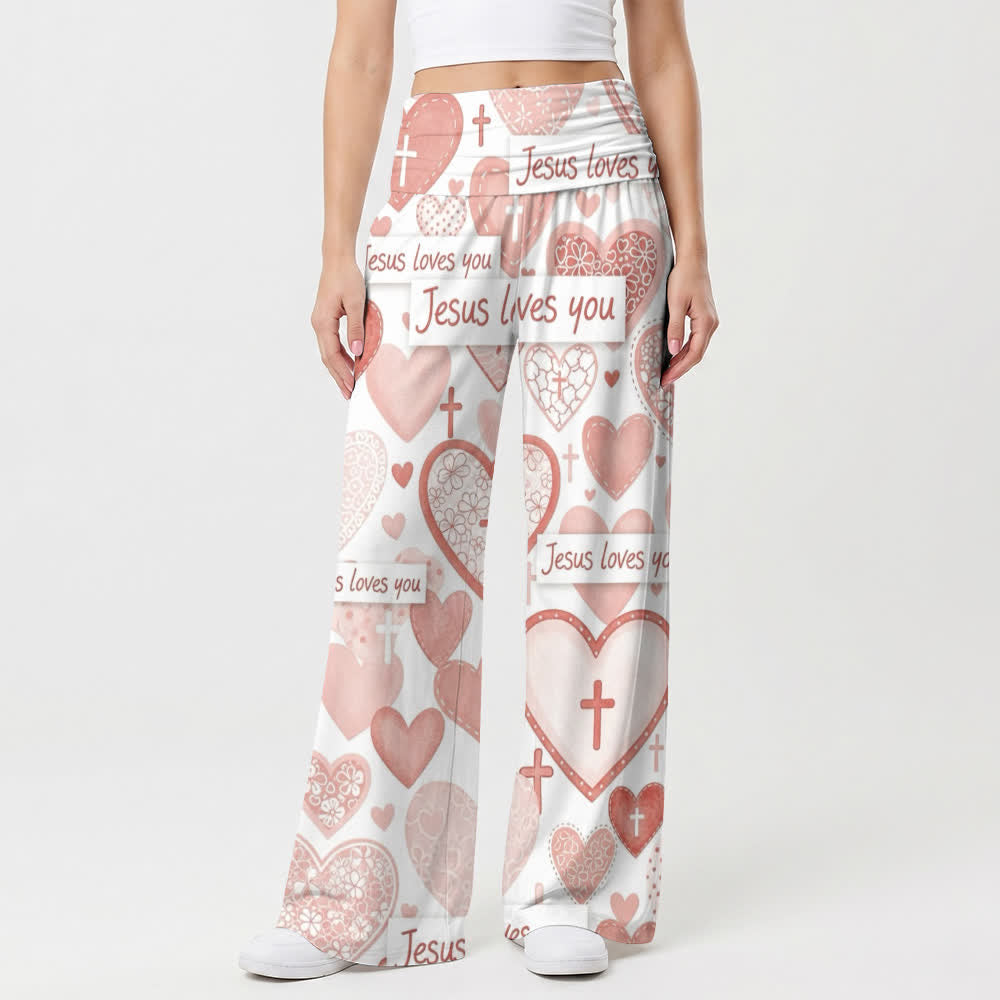 Christianartworkshop Pantalon large femme décontracté avec croix en forme de cœur rose et inscription « Jésus t’aime ». - image 1
