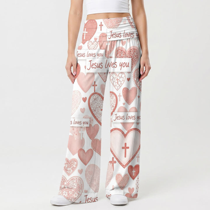 Christianartworkshop Pantalon large femme décontracté avec croix en forme de cœur rose et inscription « Jésus t’aime ». - image 1