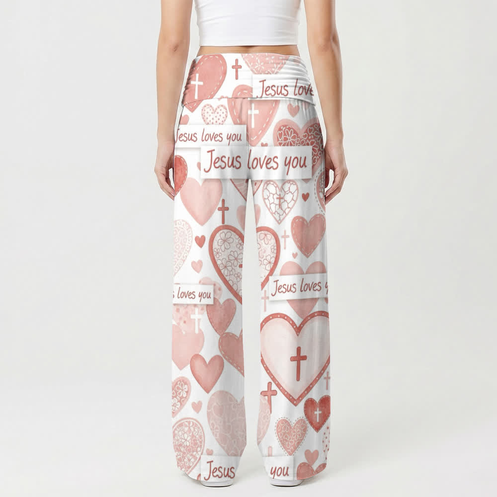 Christianartworkshop Pantalon large femme décontracté avec croix en forme de cœur rose et inscription « Jésus t’aime ». - image 2