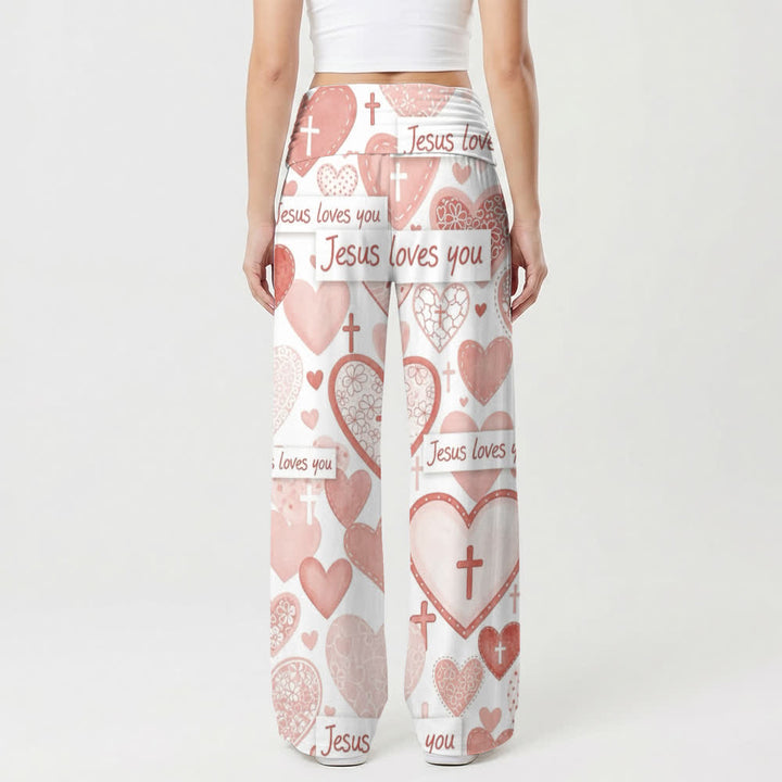Christianartworkshop Pantalon large femme décontracté avec croix en forme de cœur rose et inscription « Jésus t’aime ». - image 2