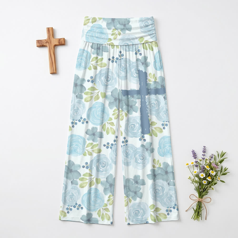 Christianartworkshop Pantalon large pour femme, style décontracté, inspiré par la foi, avec des roses bleues aquarelle et des motifs floraux en croix. - US22, UK/AU26, EU54 (6XL) - image 0
