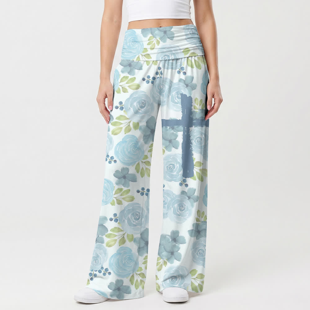 Christianartworkshop Pantalon large pour femme, style décontracté, inspiré par la foi, avec des roses bleues aquarelle et des motifs floraux en croix. - image 1