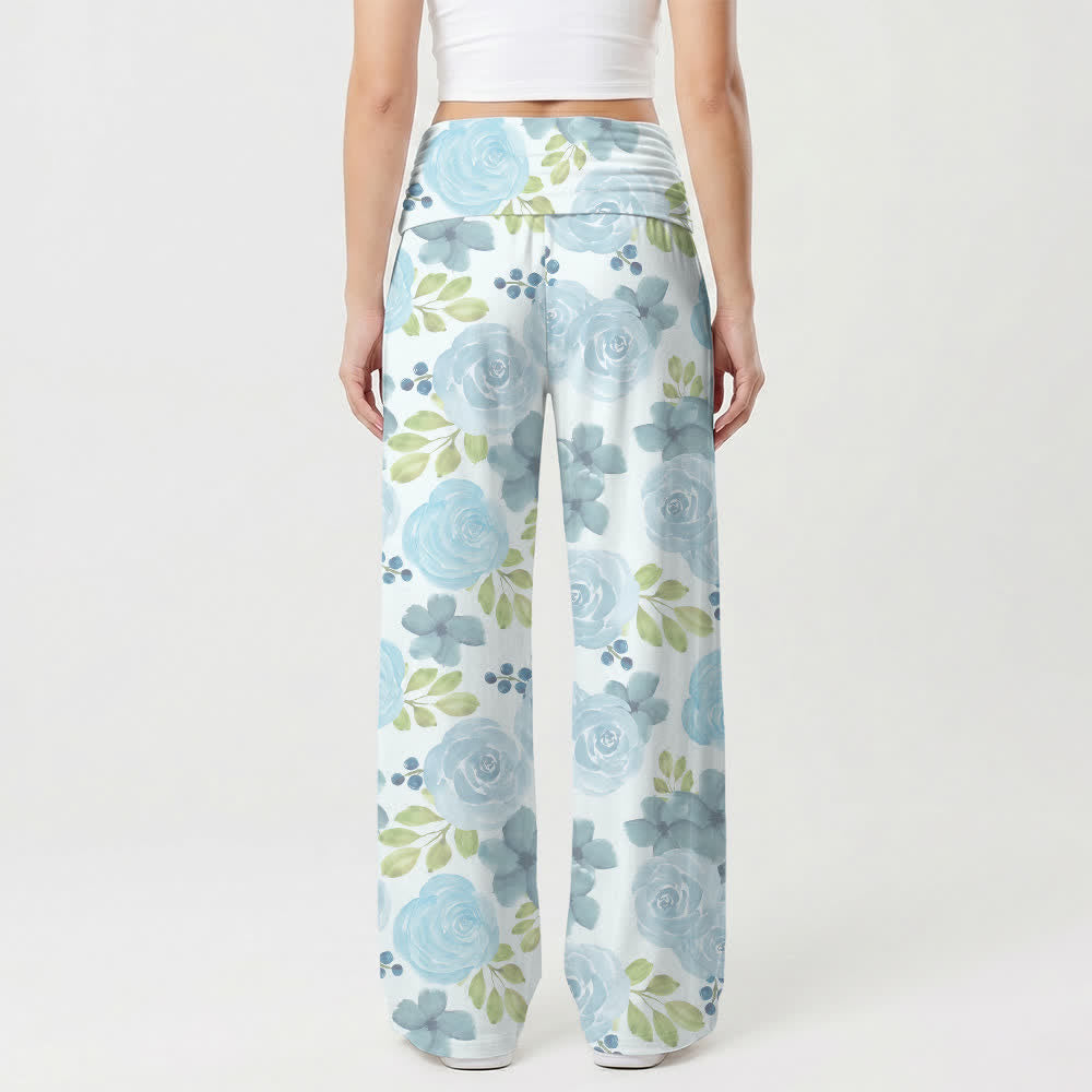 Christianartworkshop Pantalon large pour femme, style décontracté, inspiré par la foi, avec des roses bleues aquarelle et des motifs floraux en croix. - image 2