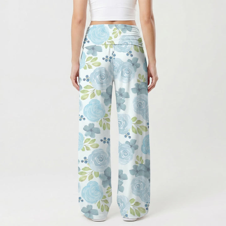 Christianartworkshop Pantalon large pour femme, style décontracté, inspiré par la foi, avec des roses bleues aquarelle et des motifs floraux en croix. - image 2
