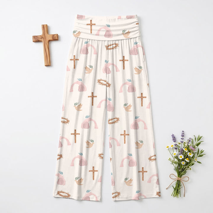 Christianartworkshop Pantalon large pour femme, motif colombe, croix et couronne d'épines, style pastoral et décontracté. - US22, UK/AU26, EU54 (6XL) - image 0