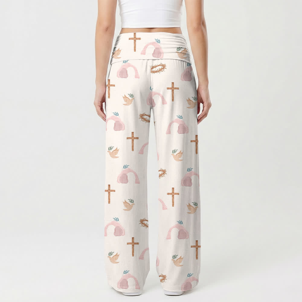 Christianartworkshop Pantalon large pour femme, motif colombe, croix et couronne d'épines, style pastoral et décontracté. - image 2