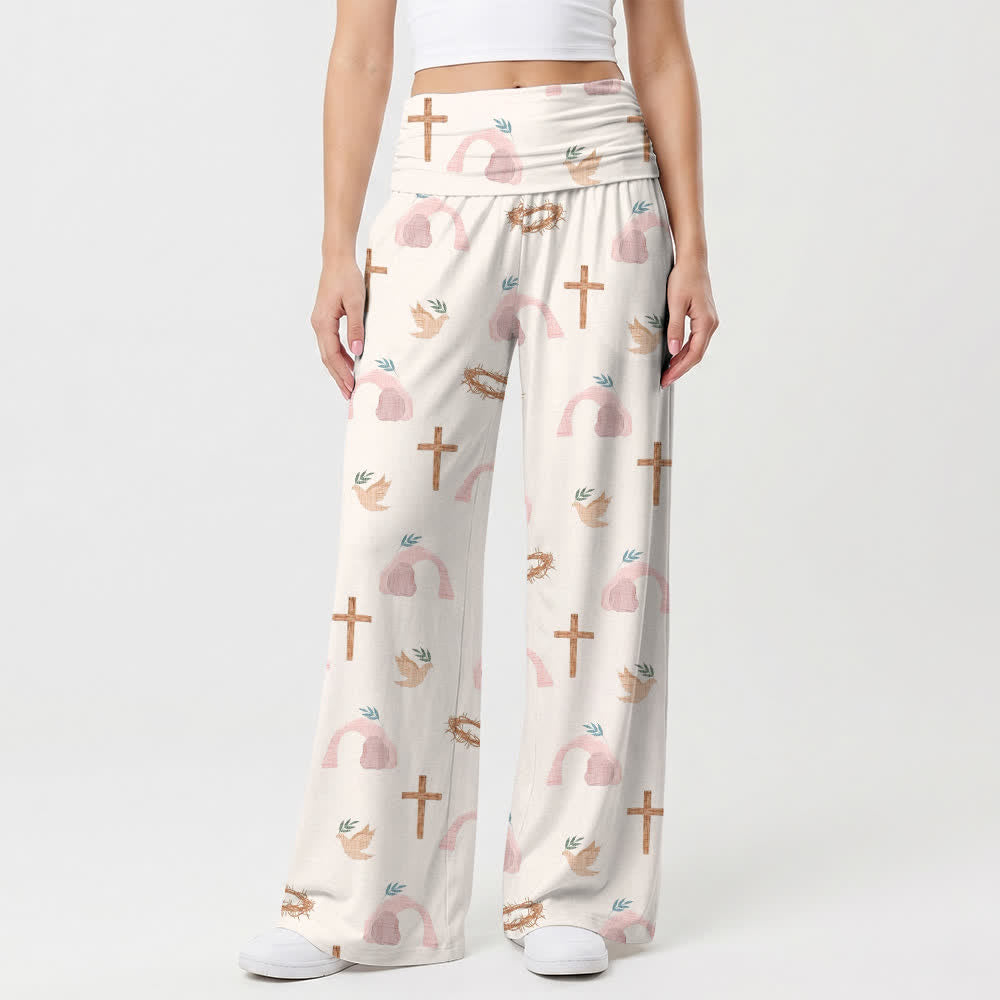 Christianartworkshop Pantalon large pour femme, motif colombe, croix et couronne d'épines, style pastoral et décontracté. - image 1