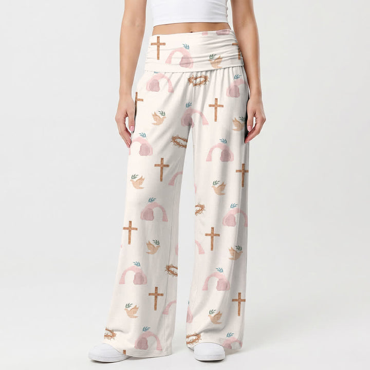 Christianartworkshop Pantalon large pour femme, motif colombe, croix et couronne d'épines, style pastoral et décontracté. - image 1