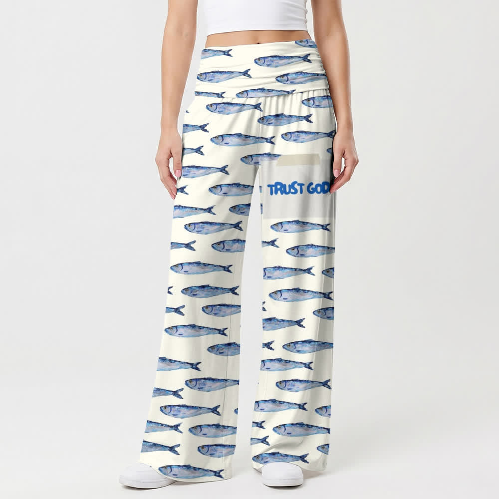 Christianartworkshop Pantalon large pour femme, motif aquarelle « Poissons et Confiance en Dieu », style décontracté. - image 1