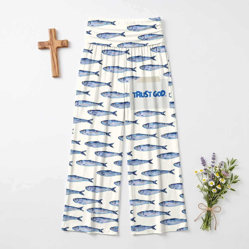 Christianartworkshop Pantalon large pour femme, motif aquarelle « Poissons et Confiance en Dieu », style décontracté. - US22, UK/AU26, EU54 (6XL) - image 0