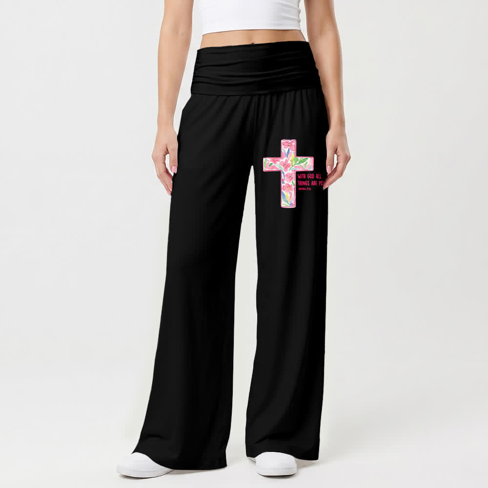 Christianartworkshop Pantalon large pour femme, style décontracté, avec motif floral aquarelle, croix et verset biblique - image 1