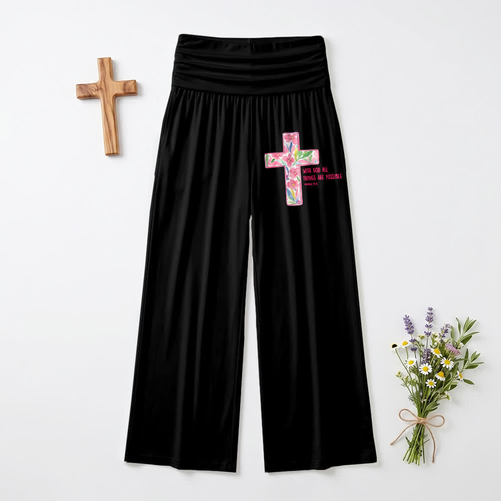 Christianartworkshop Pantalon large pour femme, style décontracté, avec motif floral aquarelle, croix et verset biblique - Noir - US22, UK/AU26, EU54 (6XL) - image 0