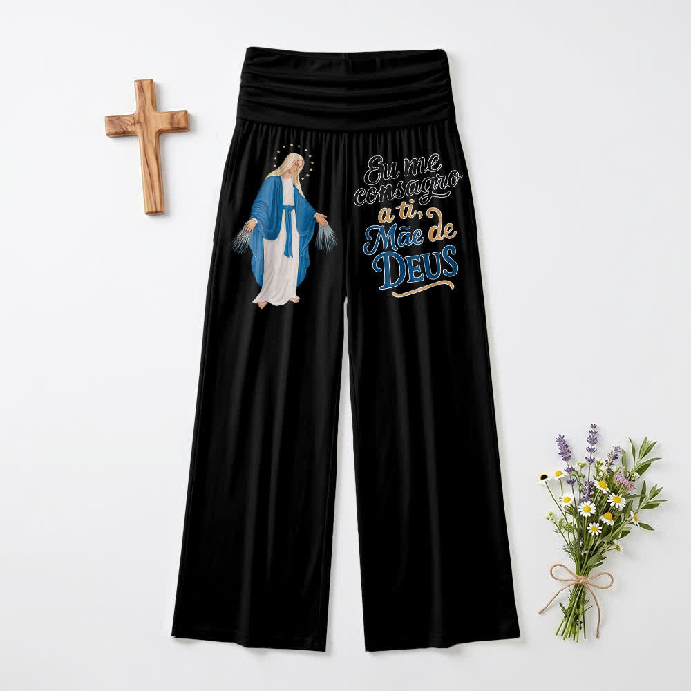 Christianartworkshop Pantalon large pour femme, style décontracté, avec une illustration de la Vierge Marie miraculeuse et des versets bibliques portugais. - Noir - US22, UK/AU26, EU54 (6XL) - image 0