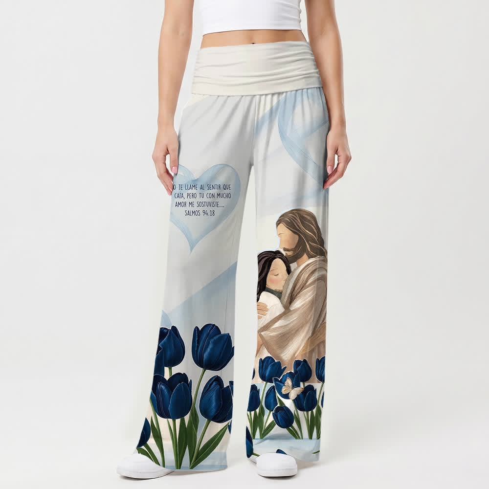Christianartworkshop Pantalon large pour femme « Embrace Jesus Blue Tulip » avec inscription biblique espagnole et motif floral, style décontracté et religieux. - image 1