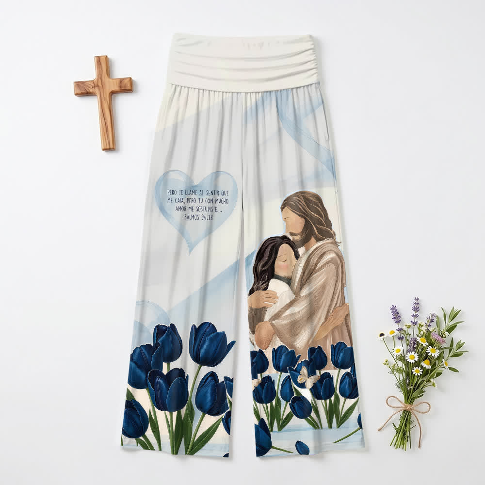Christianartworkshop Pantalon large pour femme « Embrace Jesus Blue Tulip » avec inscription biblique espagnole et motif floral, style décontracté et religieux. - US22, UK/AU26, EU54 (6XL) - image 0