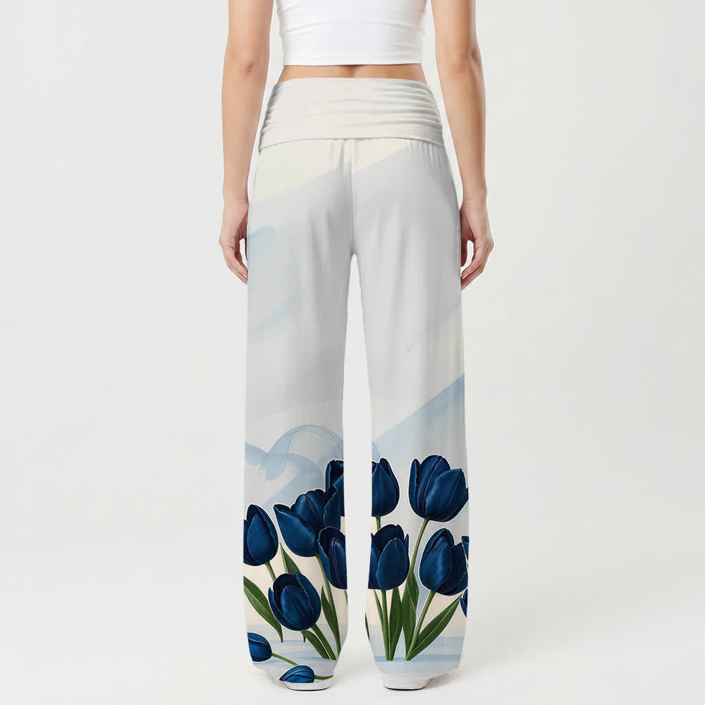 Christianartworkshop Pantalon large pour femme « Embrace Jesus Blue Tulip » avec inscription biblique espagnole et motif floral, style décontracté et religieux. - image 2