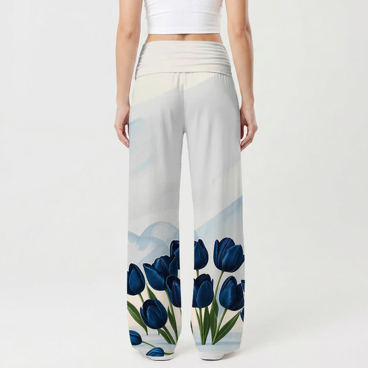 Christianartworkshop Pantalon large pour femme « Embrace Jesus Blue Tulip » avec inscription biblique espagnole et motif floral, style décontracté et religieux. - image 2