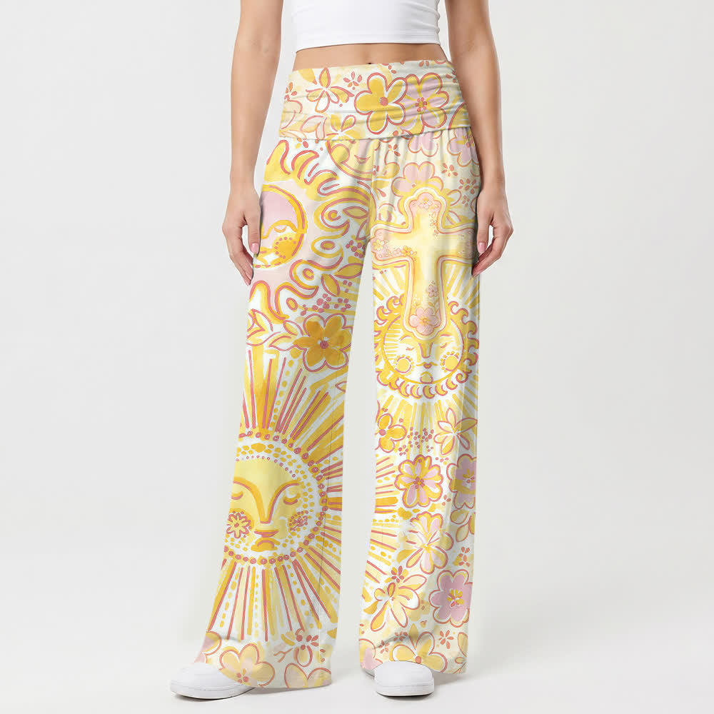 Christianartworkshop Pantalon large bohème à motif floral soleil et lune et croix, style décontracté et religieux - image 1