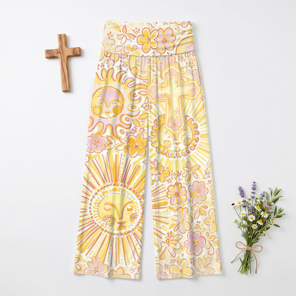 Christianartworkshop Pantalon large bohème à motif floral soleil et lune et croix, style décontracté et religieux - US22, UK/AU26, EU54 (6XL) - image 0