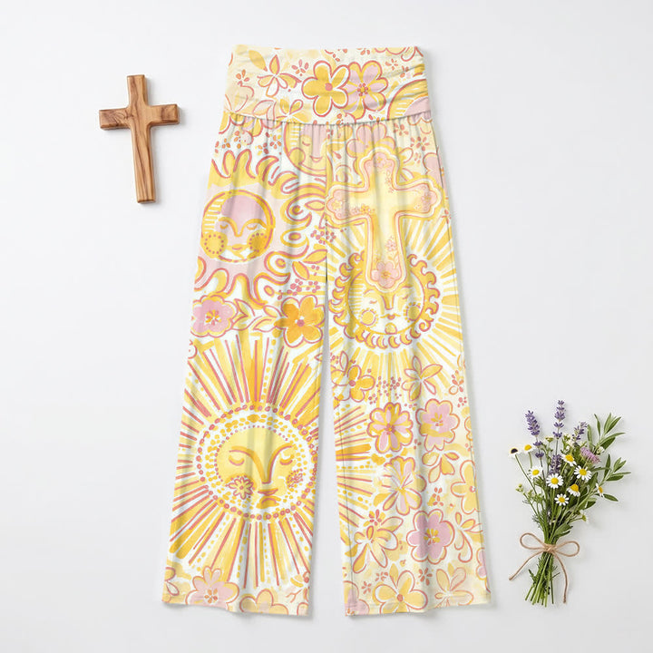 Christianartworkshop Pantalon large bohème à motif floral soleil et lune et croix, style décontracté et religieux - US22, UK/AU26, EU54 (6XL) - image 0