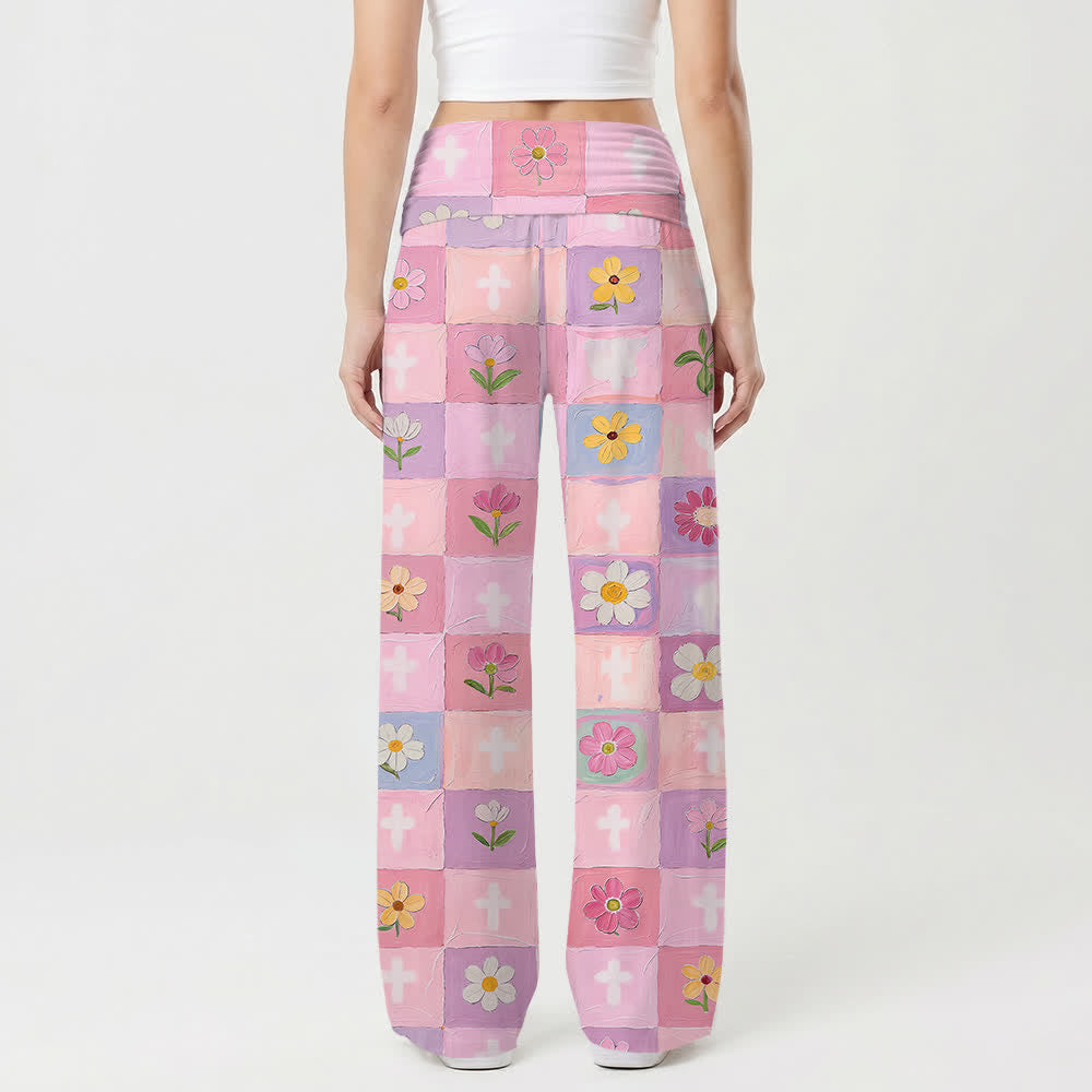 Christianartworkshop Pantalon large pour femme, motif floral à damier pastel et croix, style décontracté et religieux, à l'huile. - image 2
