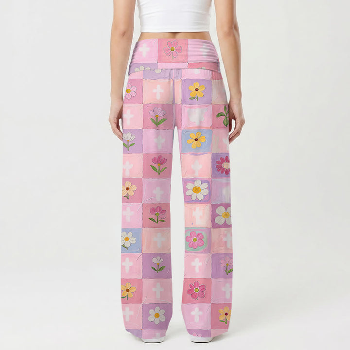Christianartworkshop Pantalon large pour femme, motif floral à damier pastel et croix, style décontracté et religieux, à l'huile. - image 2