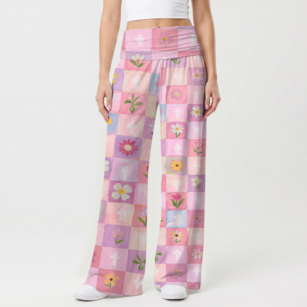 Christianartworkshop Pantalon large pour femme, motif floral à damier pastel et croix, style décontracté et religieux, à l'huile. - image 1