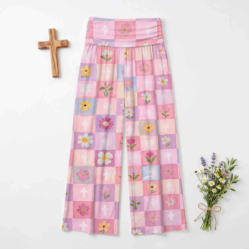 Christianartworkshop Pantalon large pour femme, motif floral à damier pastel et croix, style décontracté et religieux, à l'huile. - US22, UK/AU26, EU54 (6XL) - image 0