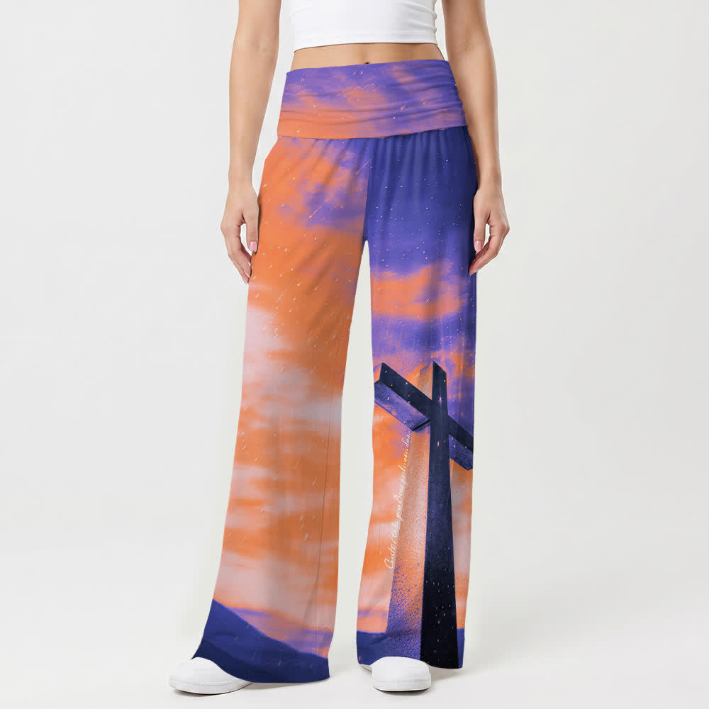 Christianartworkshop Pantalon large femme Sunset Mountain Starry Sky Cross Landscape Art Casual Faith - image 1